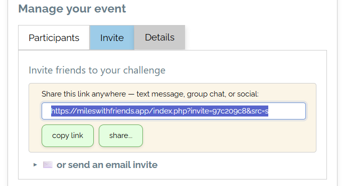 The Invite tab on Miles with Friends, showing a personal join link with copy link and share buttons above an option to send an email invitation instead