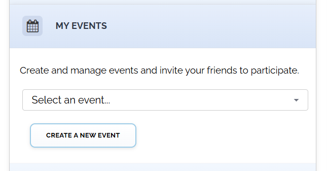 The MY EVENTS panel on Miles with Friends with a Select an event dropdown and the CREATE A NEW EVENT button